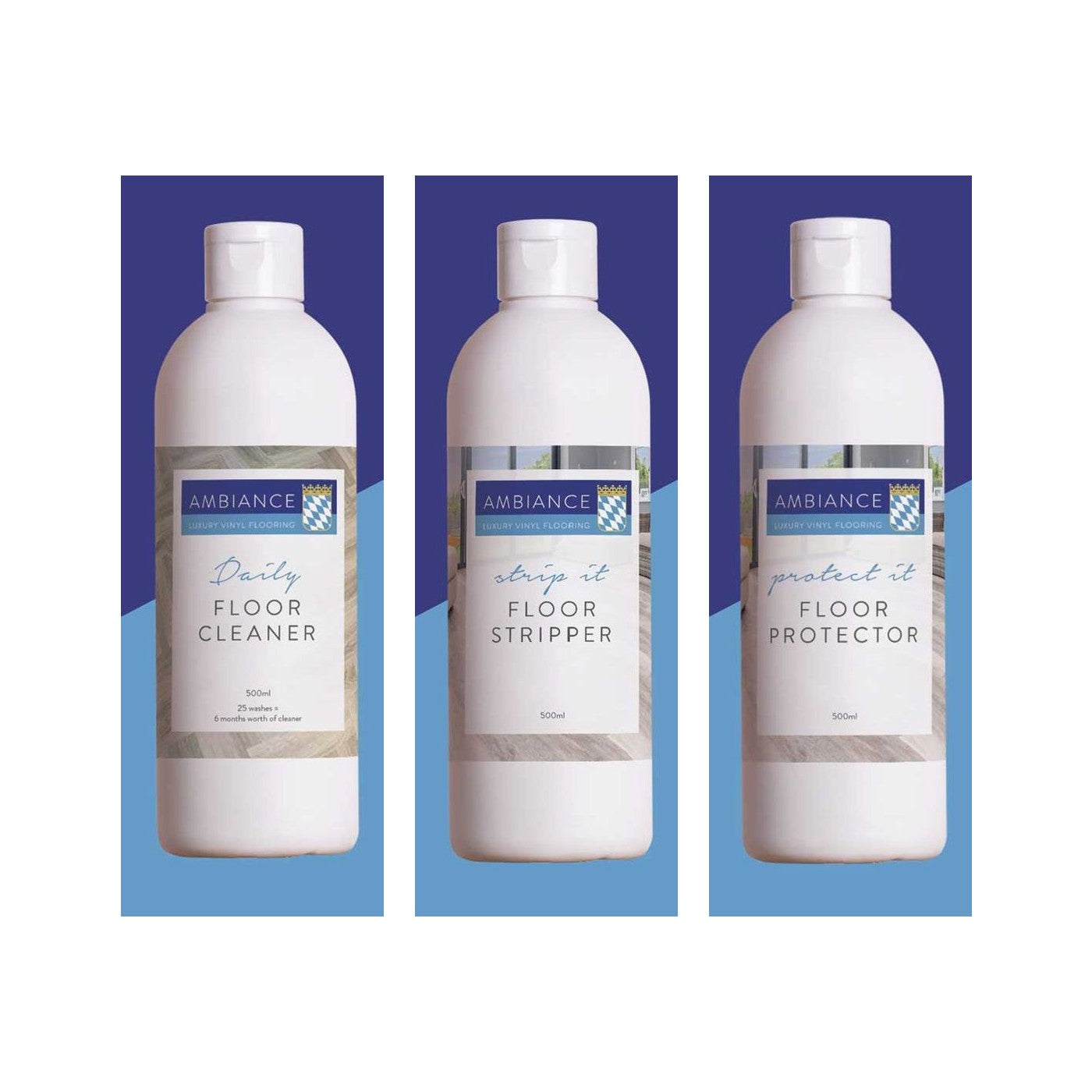Ambiance floor cleaning kit, three 500ml bottles