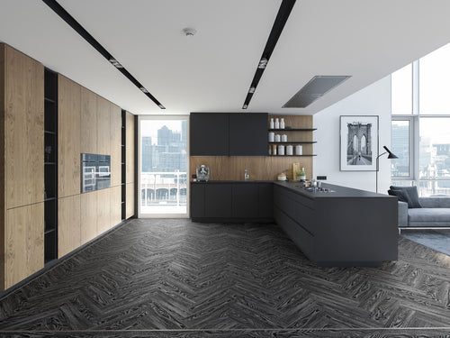 Black Ash Herringbone — Herringbone room scene