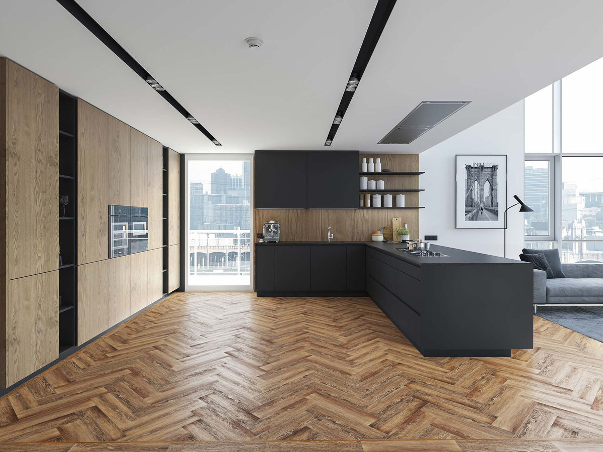 Random Aged Oak Herringbone — Herringbone room scene
