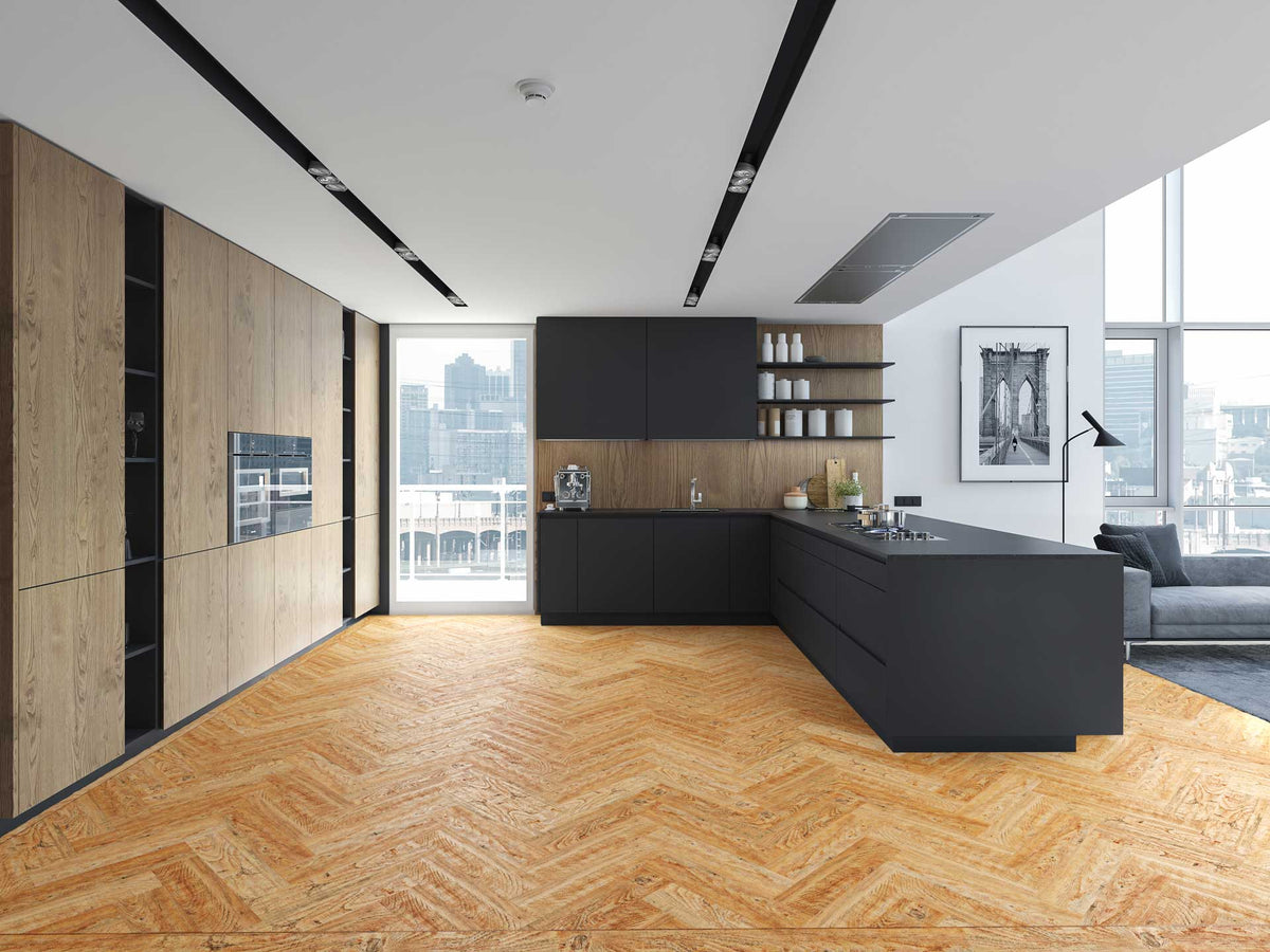Rustic Oak Herringbone — Herringbone room scene