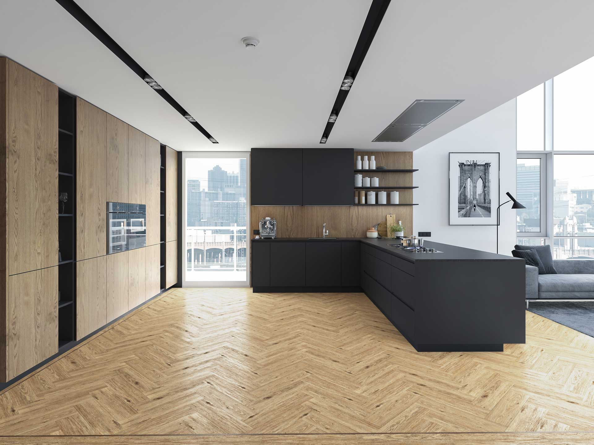 Washed Oak Herringbone — Herringbone room scene